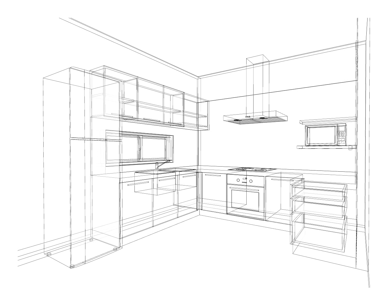 Computer generated wire frame view of a kitchen